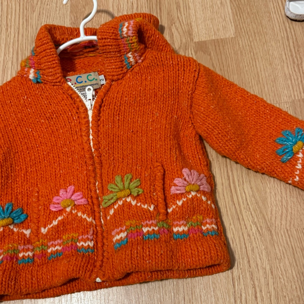 Bright Orange Knit Sweater with Multicolor Embroidered Flowers